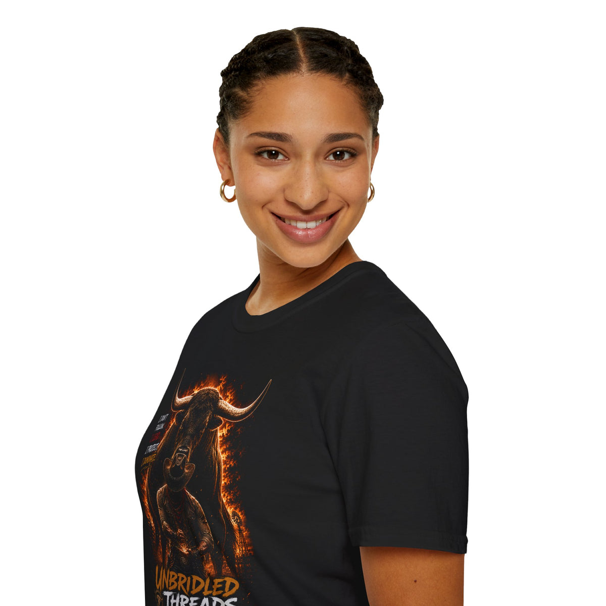 Unbrideld Threads Flaming Longhorn Bull and Cowboy T-Shirt — "I Don't Run, I Protect, I Dominate" Graphic Tee