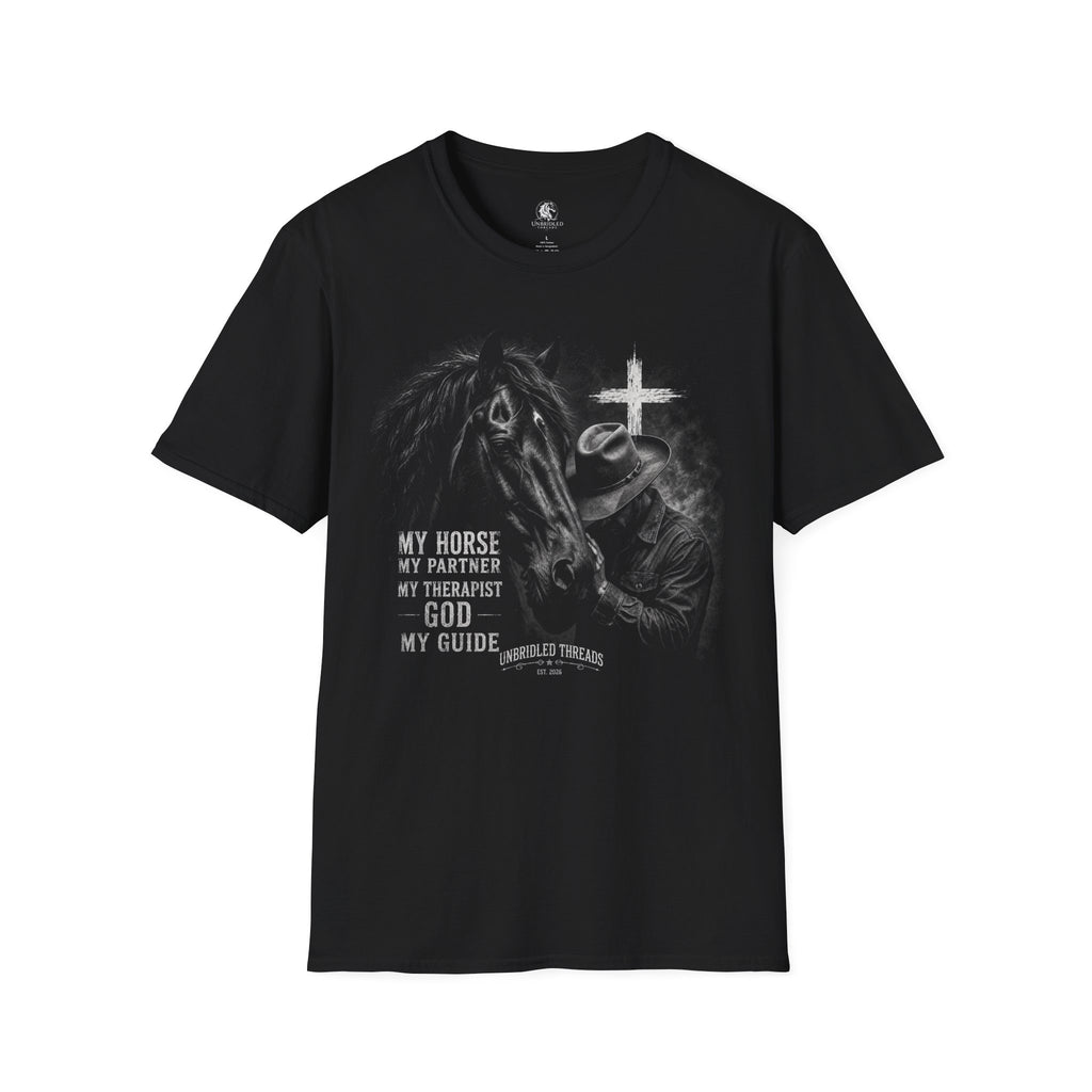 Horse & Faith T-Shirt — "My Horse Is My Partner...God My Guide" Christian Equestrian Tee