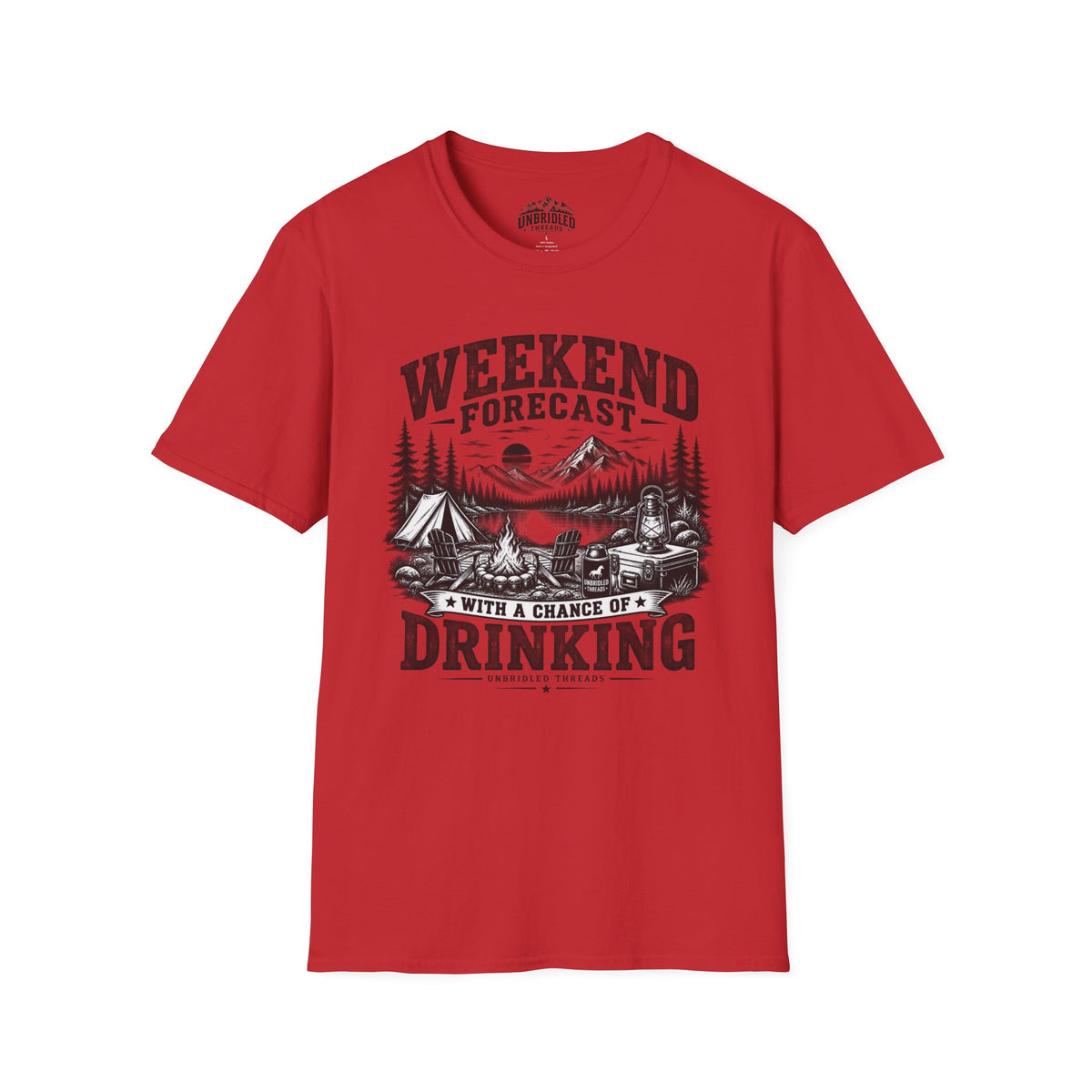 'Weekend Forecast: Chance of Drinking' Camping Graphic T-Shirt / Black, Red, Sport Gray and Natrual Colors