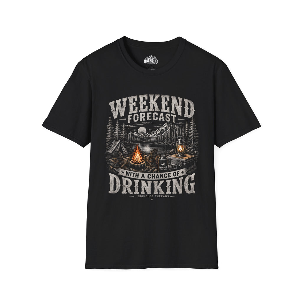 'Weekend Forecast: Chance of Drinking' Camping Graphic T-Shirt / Black, Red, Sport Gray and Natrual Colors