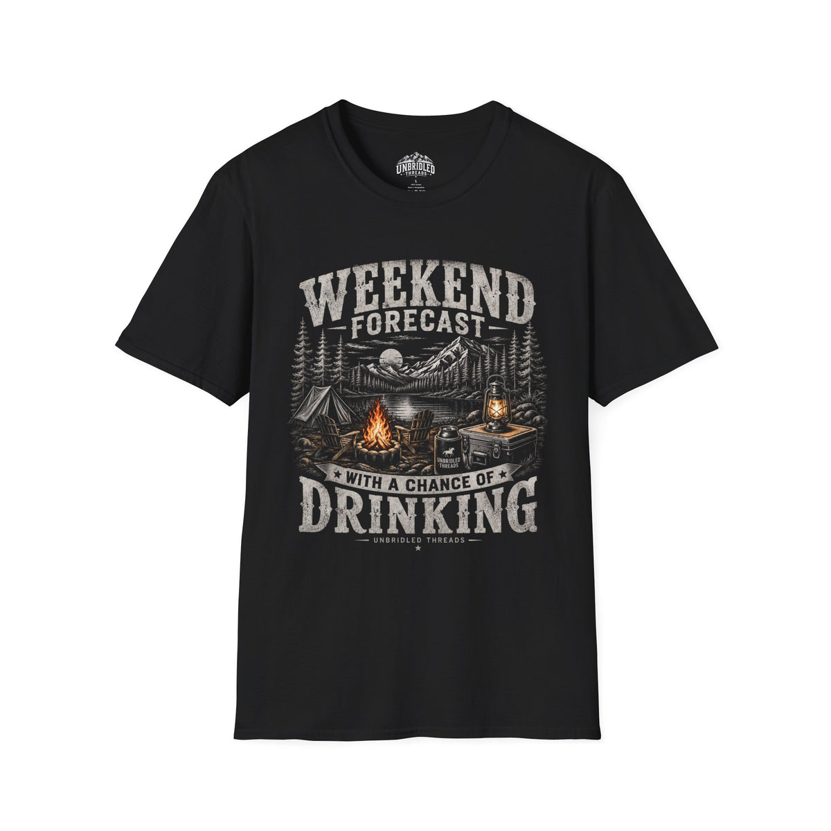 'Weekend Forecast: Chance of Drinking' Camping Graphic T-Shirt / Black, Red, Sport Gray and Natrual Colors
