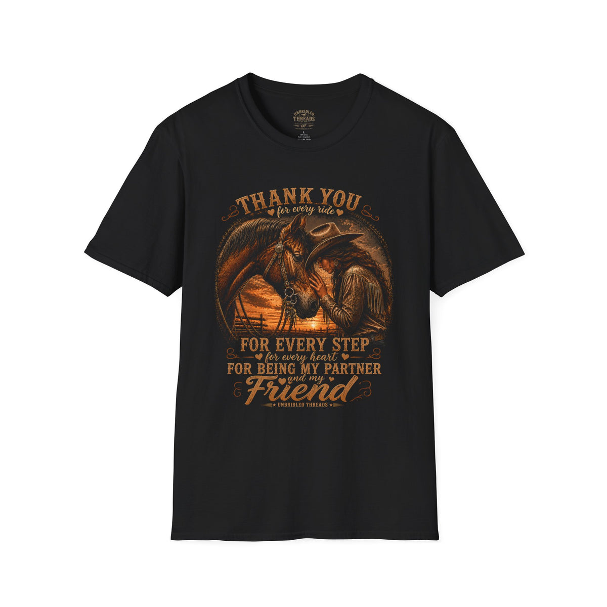 "Thank You for Every Ride, For Being My Partner and Friend" Cowgirl Horse Black T-shirt