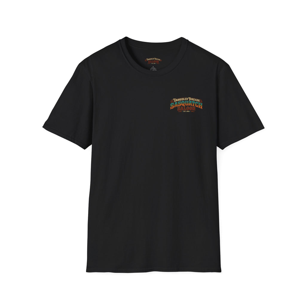 Unbridled Threads Sasquatch Saloon — Cold Drinks, Great Friends, Legendary Moments On Front And Back Black Shirt