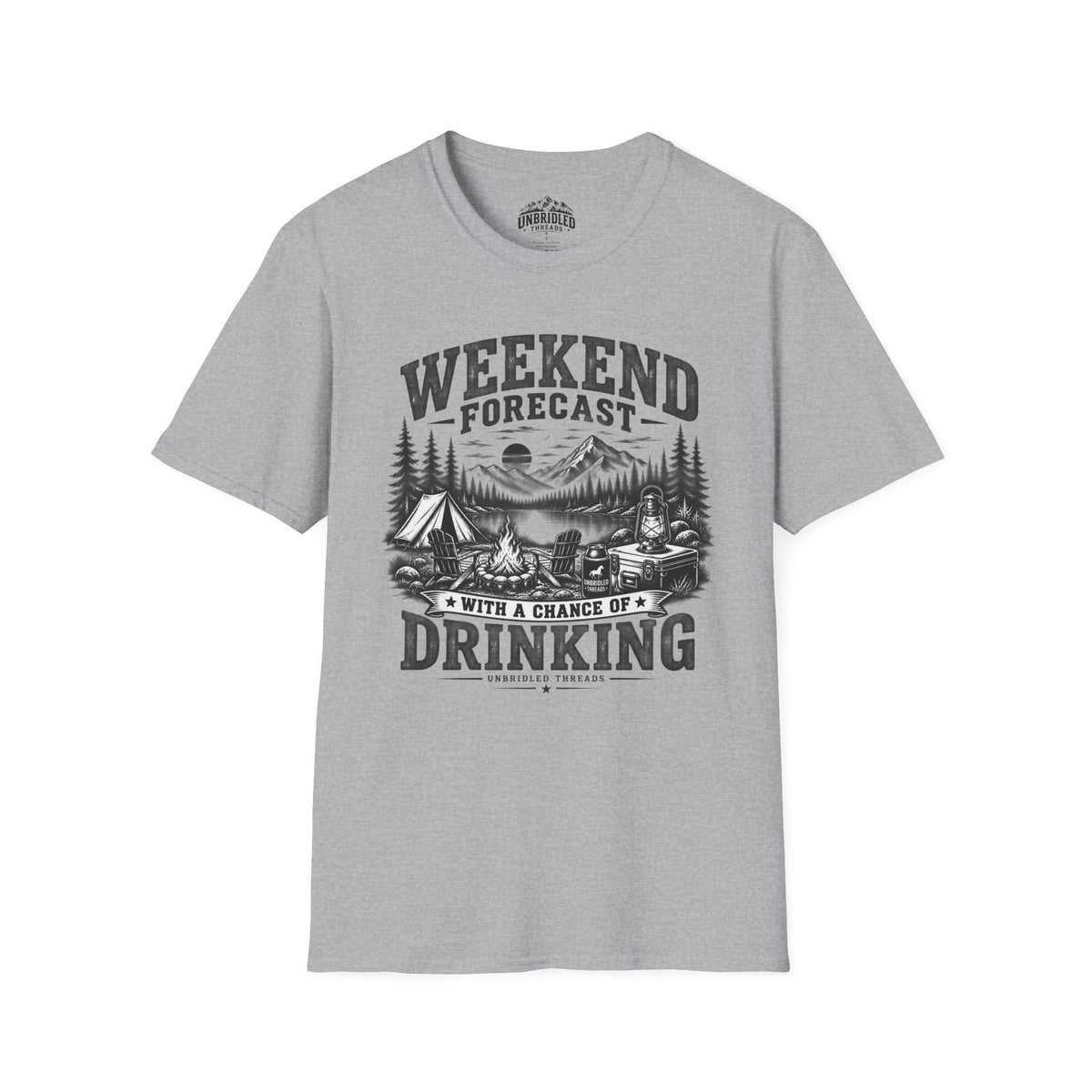 'Weekend Forecast: Chance of Drinking' Camping Graphic T-Shirt / Black, Red, Sport Gray and Natrual Colors