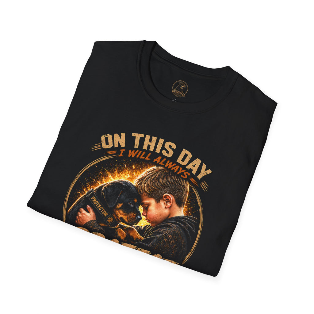 "On This Day I Will Always Protect You with My Life" Rottweiler Pup And Child Grphic On Black T-shirt