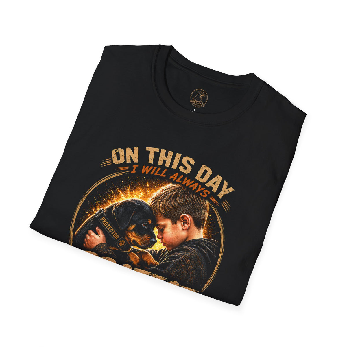 "On This Day I Will Always Protect You with My Life" Rottweiler Pup And Child Grphic On Black T-shirt