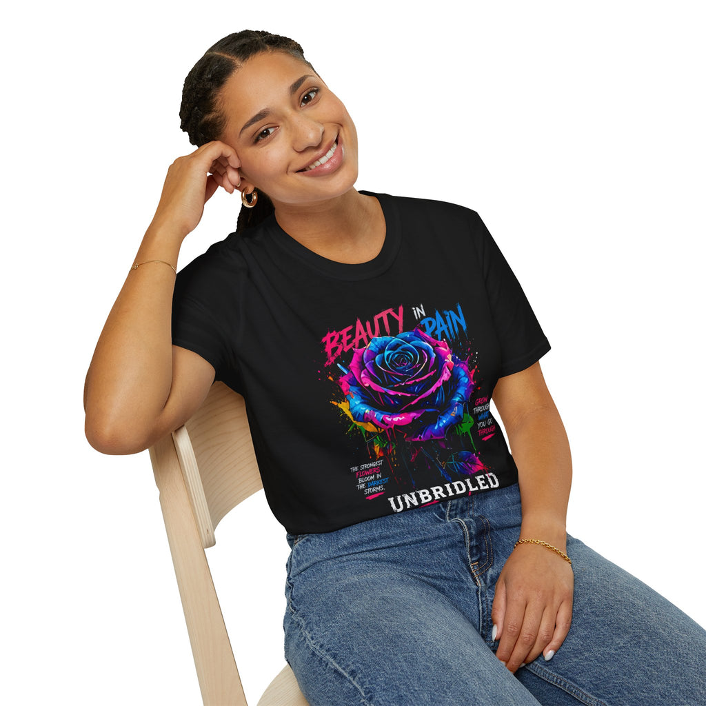 Beauty in Pain Rose T‑Shirt —  Unbridled Threads  Neon Floral Graphic Tee