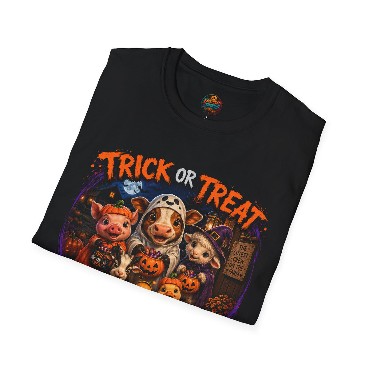 Halloween 'Trick or Treat'  Cute Pig, Cow & Cat Costumes Graphic On Black T-Shirt