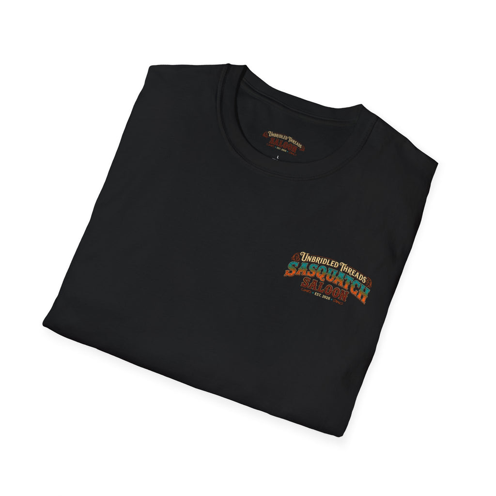 Unbridled Threads Sasquatch Saloon — Cold Drinks, Great Friends, Legendary Moments On Front And Back Black Shirt