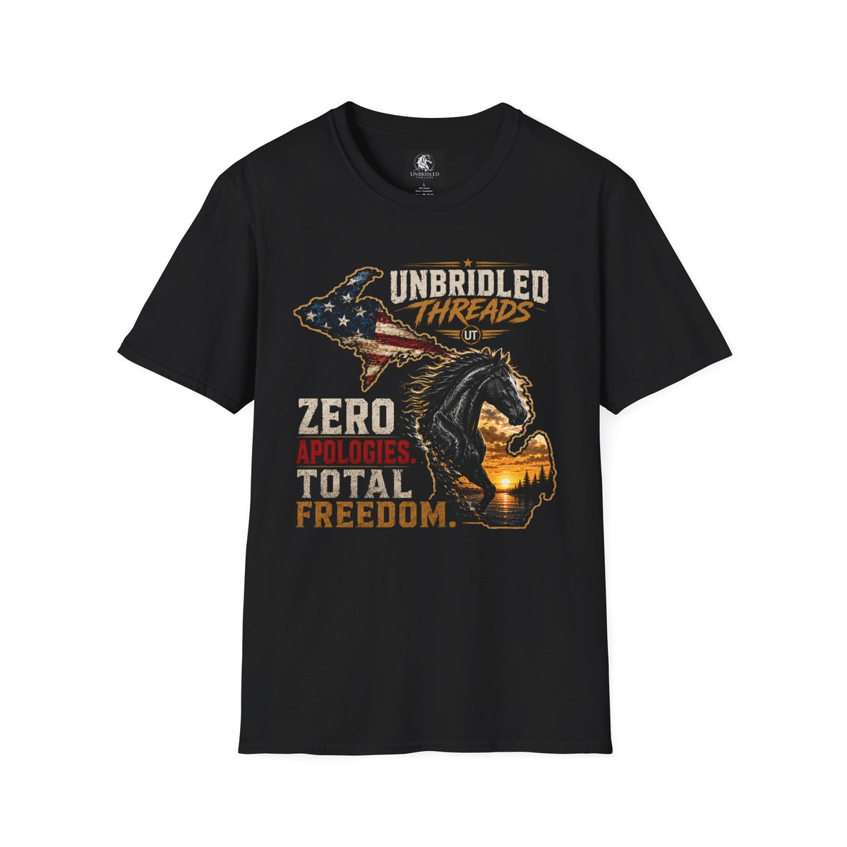 Unbridled Threads Freedom T-Shirt — "Zero Apologies Total Freedom"  Michigan Patriotic Horse Tee