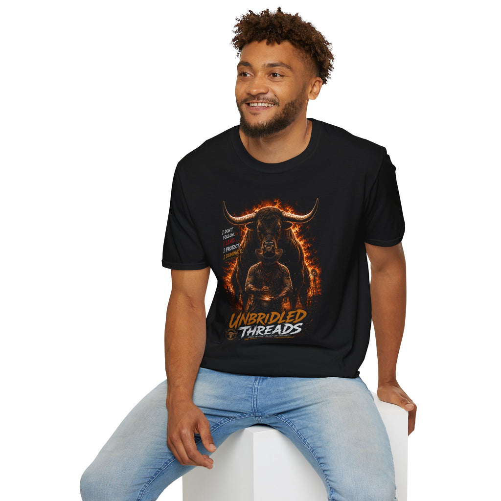 Unbrideld Threads Flaming Longhorn Bull and Cowboy T-Shirt — "I Don't Run, I Protect, I Dominate" Graphic Tee