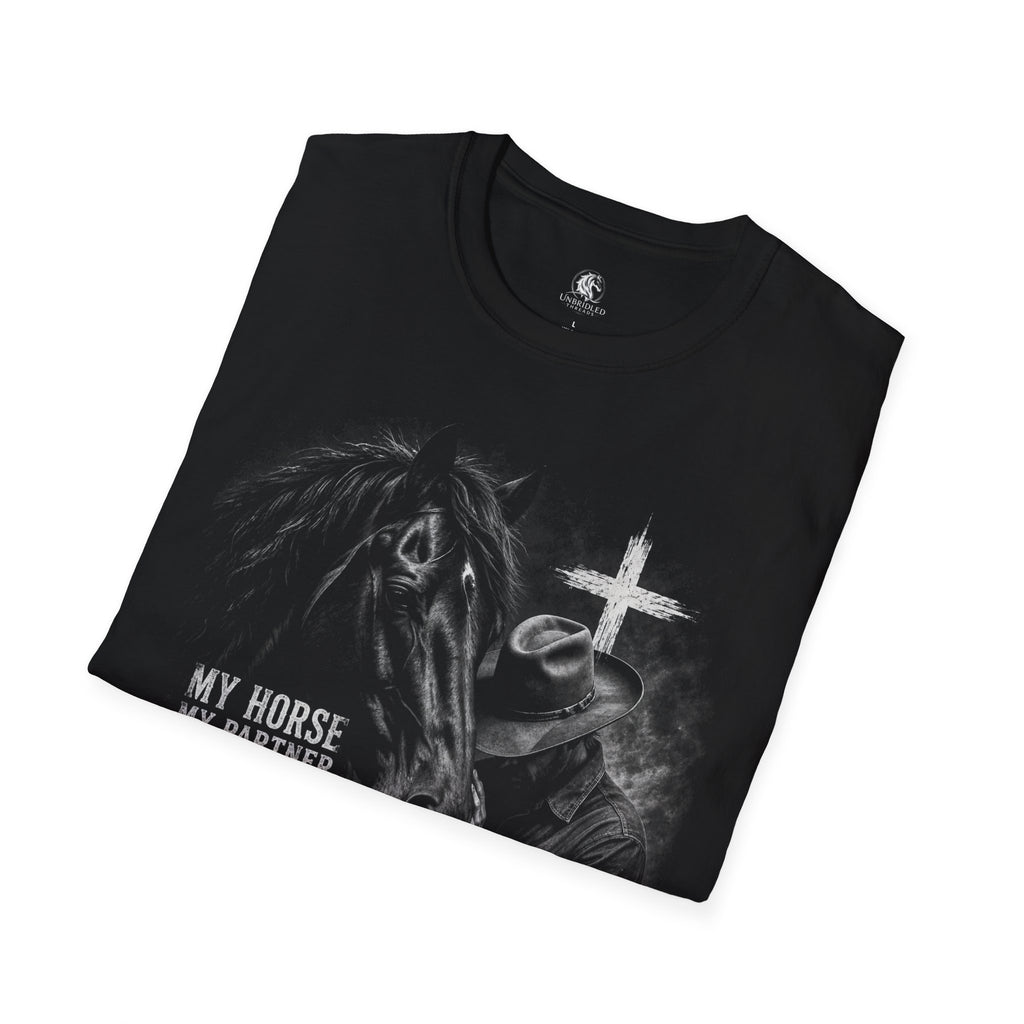 Horse & Faith T-Shirt — "My Horse Is My Partner...God My Guide" Christian Equestrian Tee
