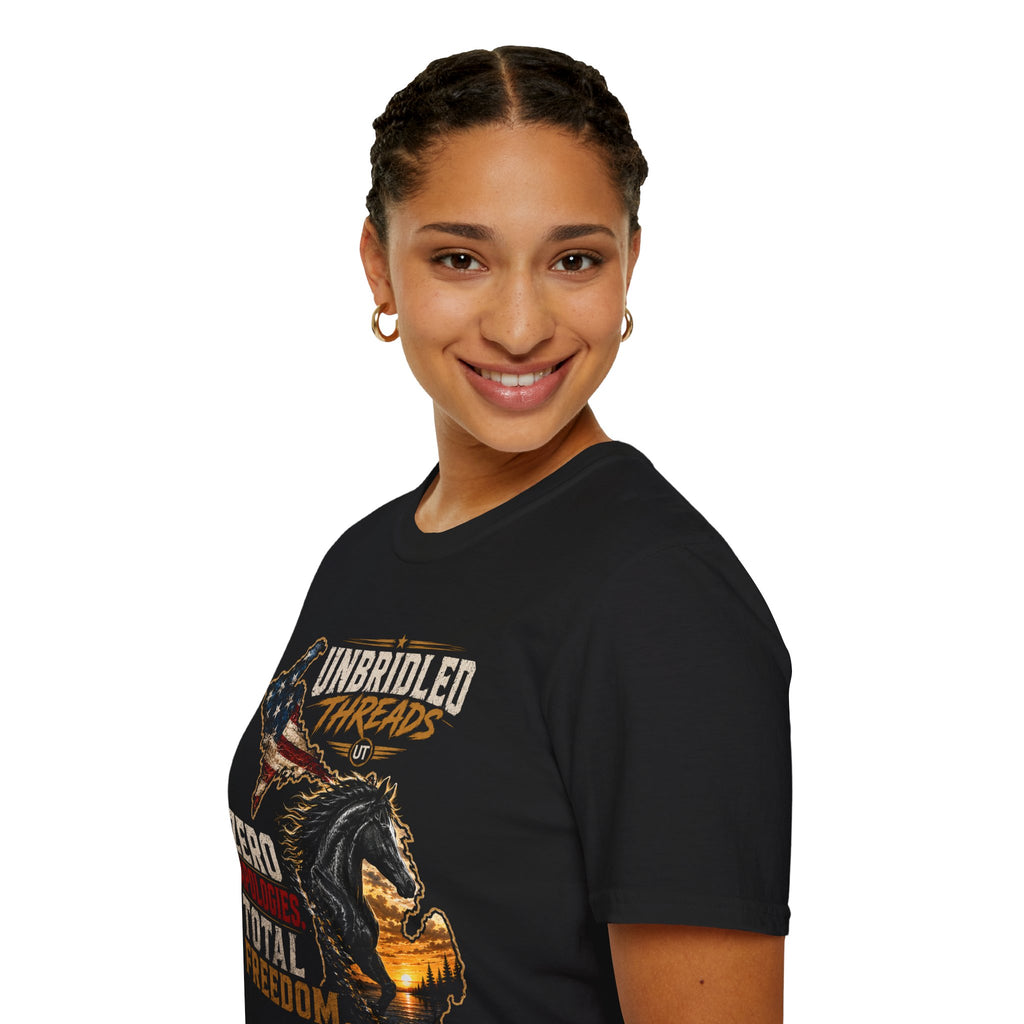 Unbridled Threads Freedom T-Shirt — "Zero Apologies Total Freedom"  Michigan Patriotic Horse Tee