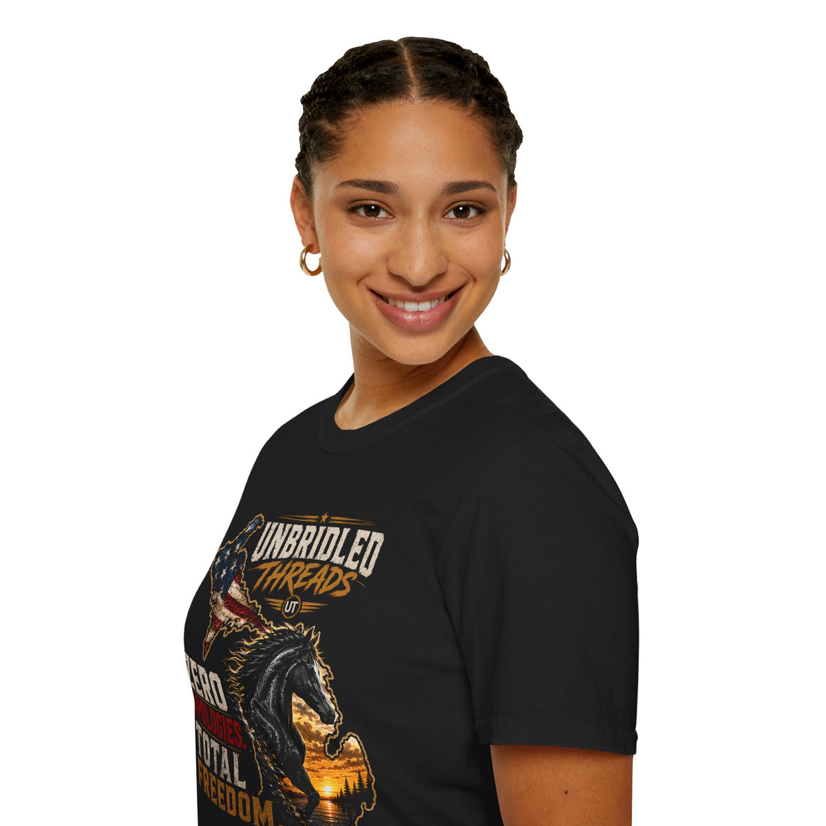 Unbridled Threads Freedom T-Shirt — "Zero Apologies Total Freedom"  Michigan Patriotic Horse Tee
