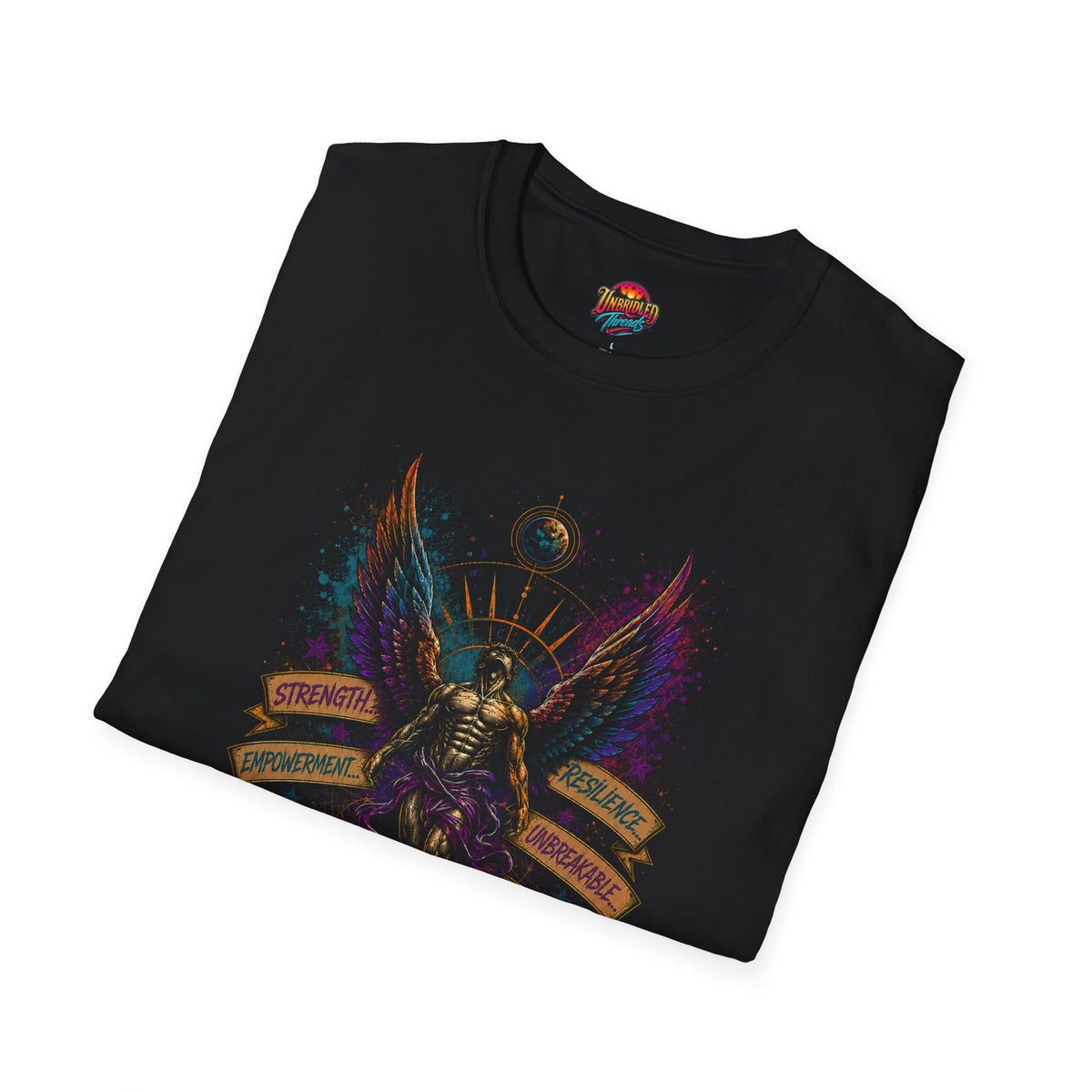 Angel of Resilience Graphic T-Shirt — "Unbridled" Inspirational Winged Armor Tee