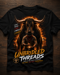 Unbrideld Threads Flaming Longhorn Bull and Cowboy T-Shirt — "I Don't Run, I Protect, I Dominate" Graphic Tee