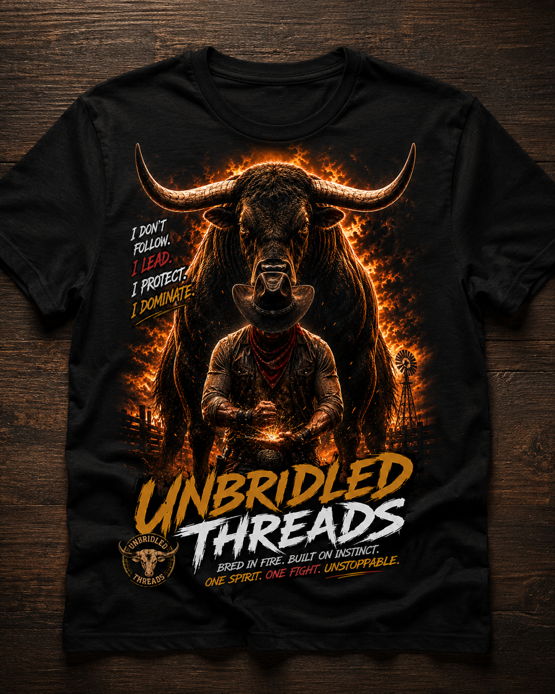 Unbrideld Threads Flaming Longhorn Bull and Cowboy T-Shirt — "I Don't Run, I Protect, I Dominate" Graphic Tee