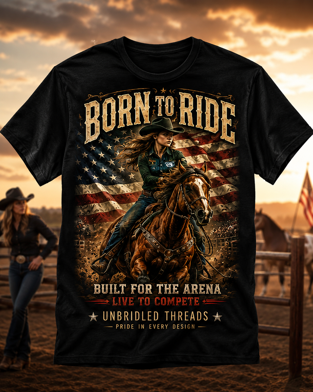 Born to Ride Cowgirl T-Shirt – American Flag Rodeo Arena Western Tee