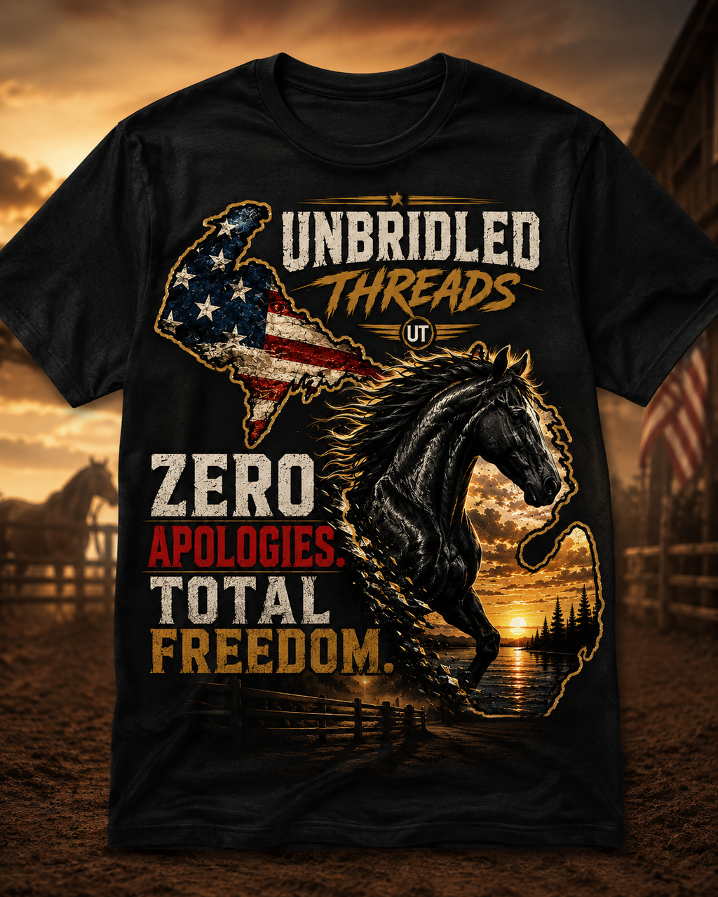 Unbridled Threads Freedom T-Shirt — "Zero Apologies Total Freedom"  Michigan Patriotic Horse Tee