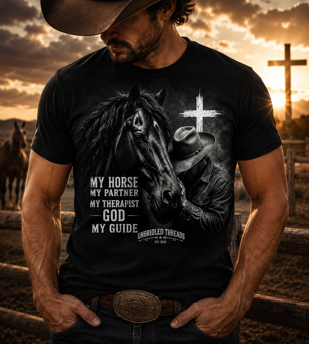 Horse & Faith T-Shirt — "My Horse Is My Partner...God My Guide" Christian Equestrian Tee