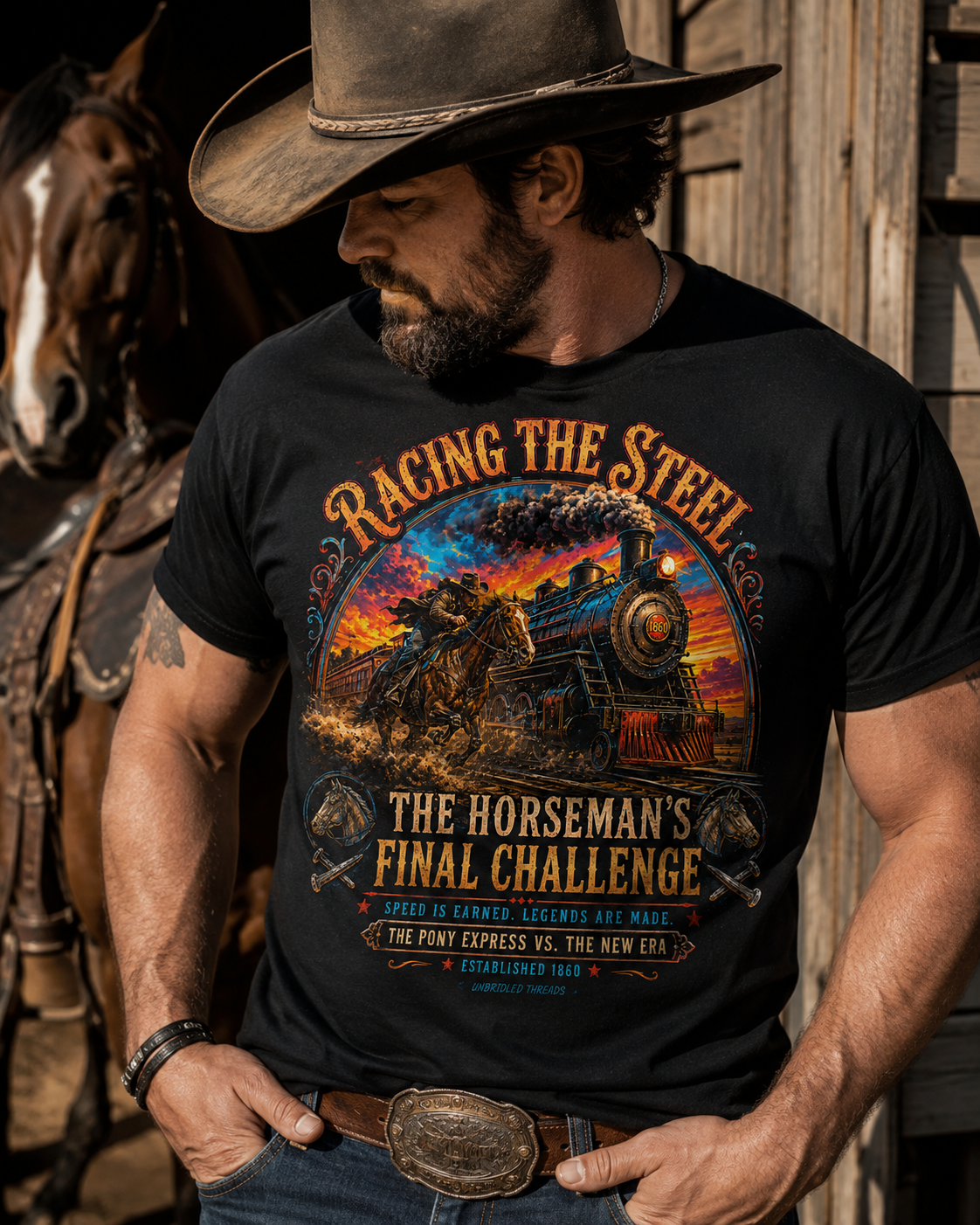 Pony Express vs Train T-Shirt — 'Racing the Steel' Vintage 1860 Western Horseman Design