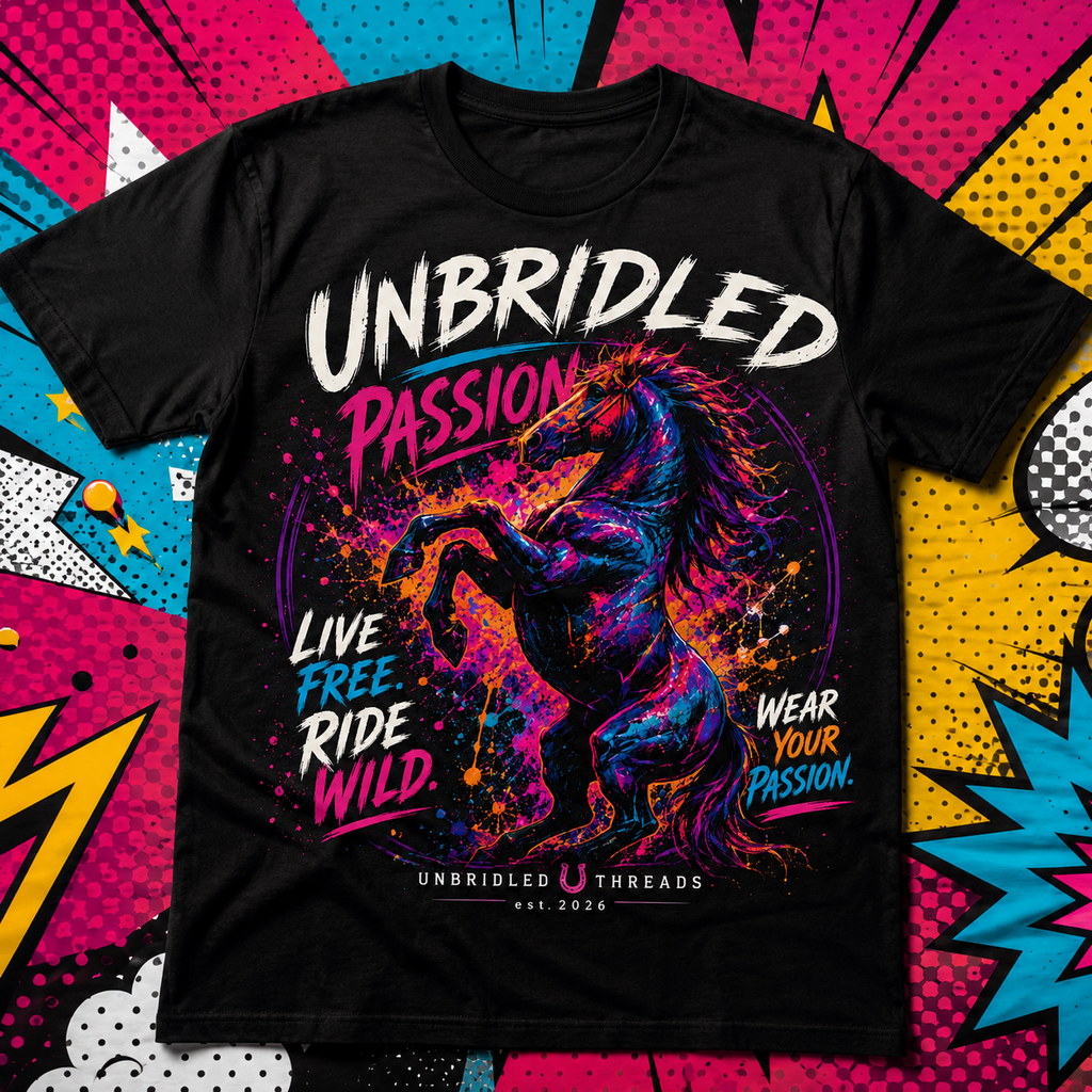 Unbridled Passion Horse T-Shirt — Neon Stallion Graphic Tee for Equestrians or Causal Wear