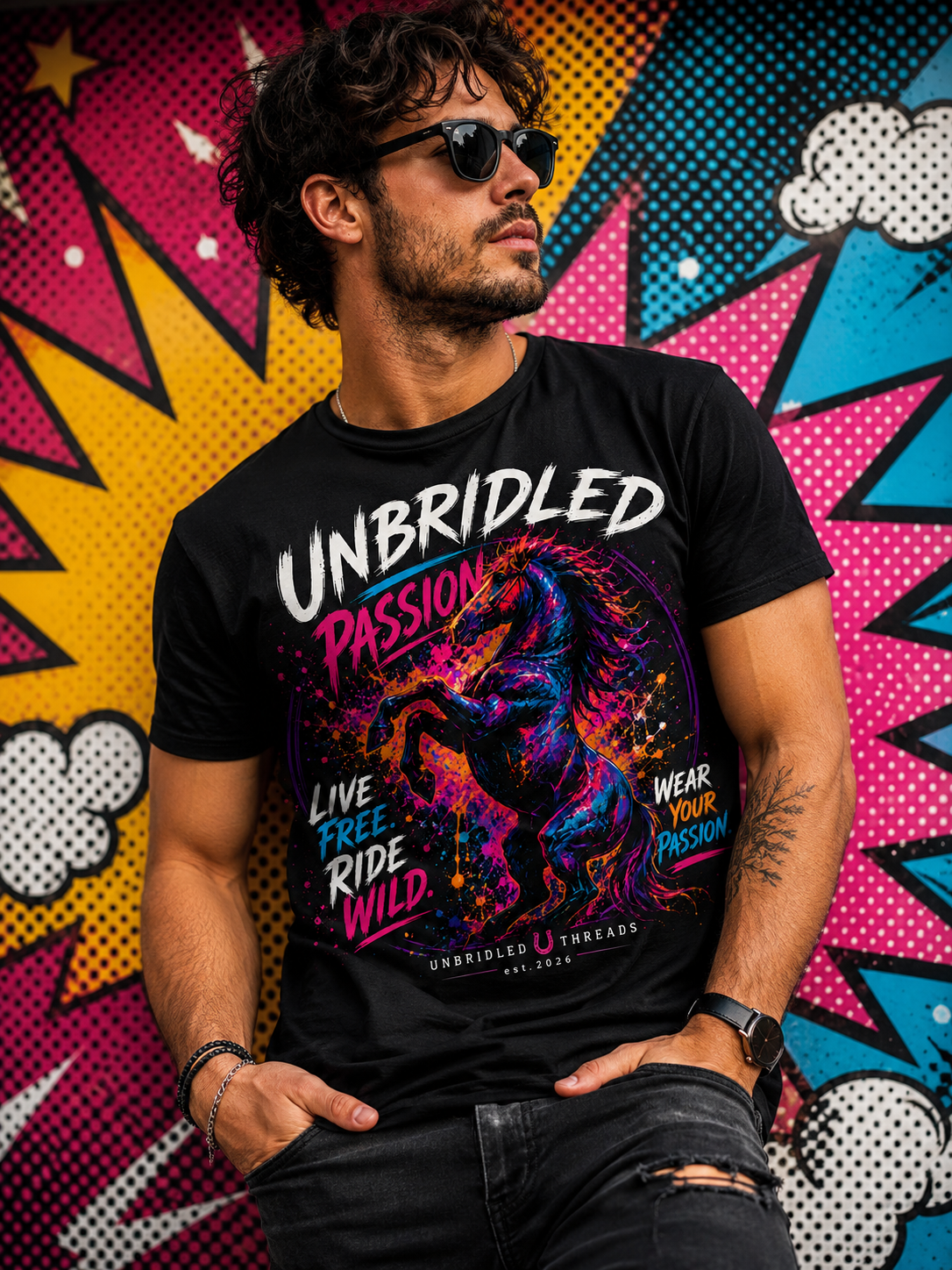 Unbridled Passion Horse T-Shirt — Neon Stallion Graphic Tee for Equestrians or Causal Wear