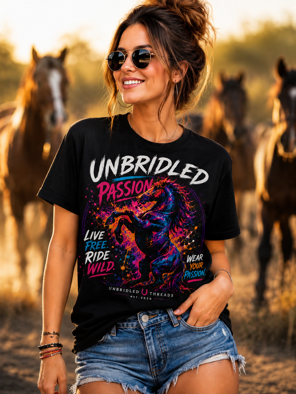 Unbridled Passion Horse T-Shirt — Neon Stallion Graphic Tee for Equestrians or Causal Wear