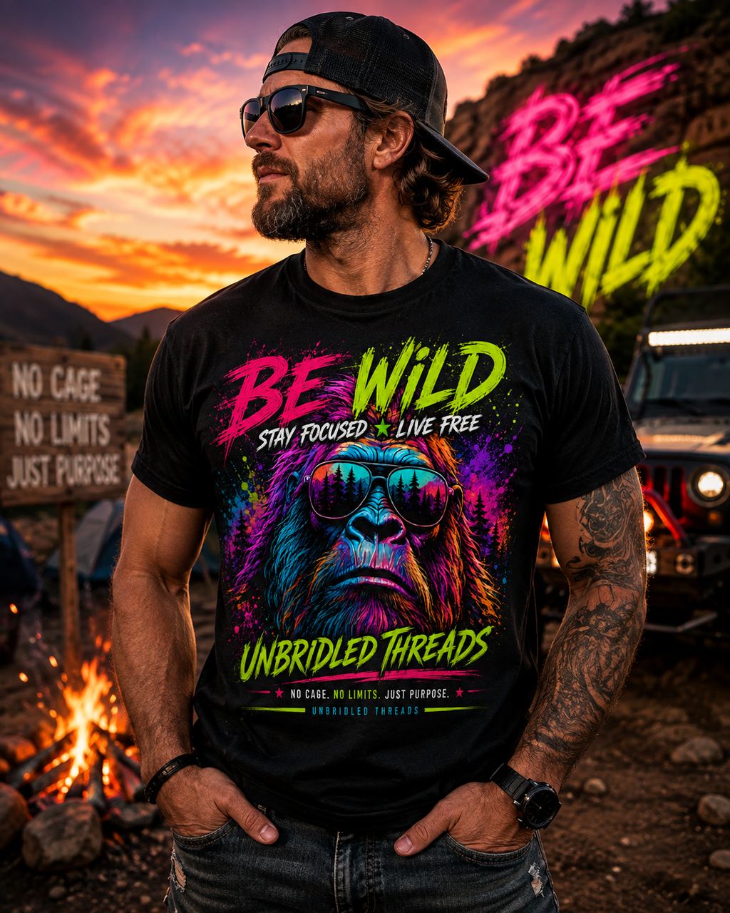 Be Wild — Stay Focused • Live Free Vibrant Color Bigfoot Unbridled Threads T-Shirt