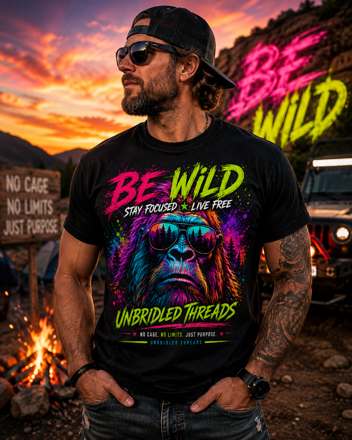 Be Wild — Stay Focused • Live Free Vibrant Color Bigfoot Unbridled Threads T-Shirt