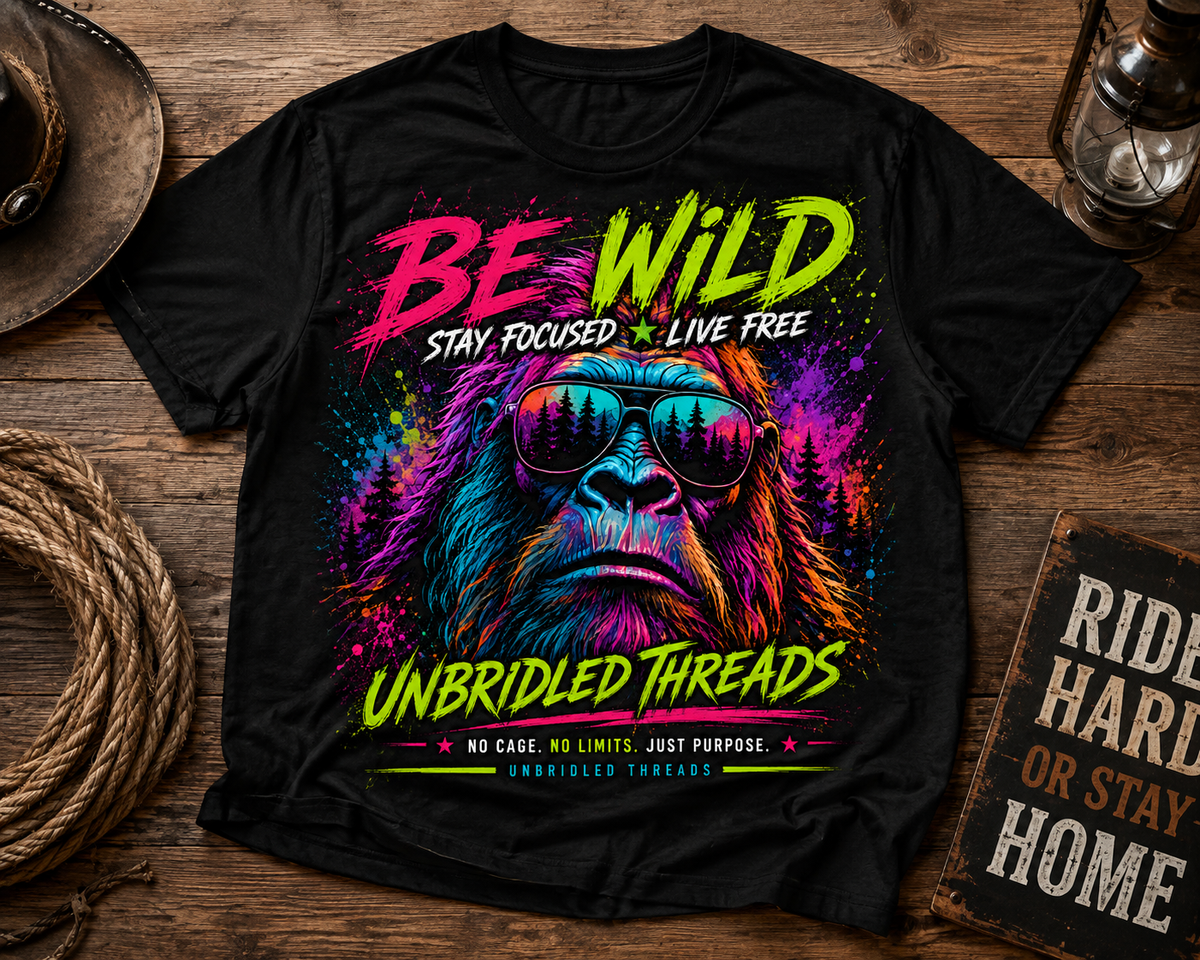 Be Wild — Stay Focused • Live Free Vibrant Color Bigfoot Unbridled Threads T-Shirt