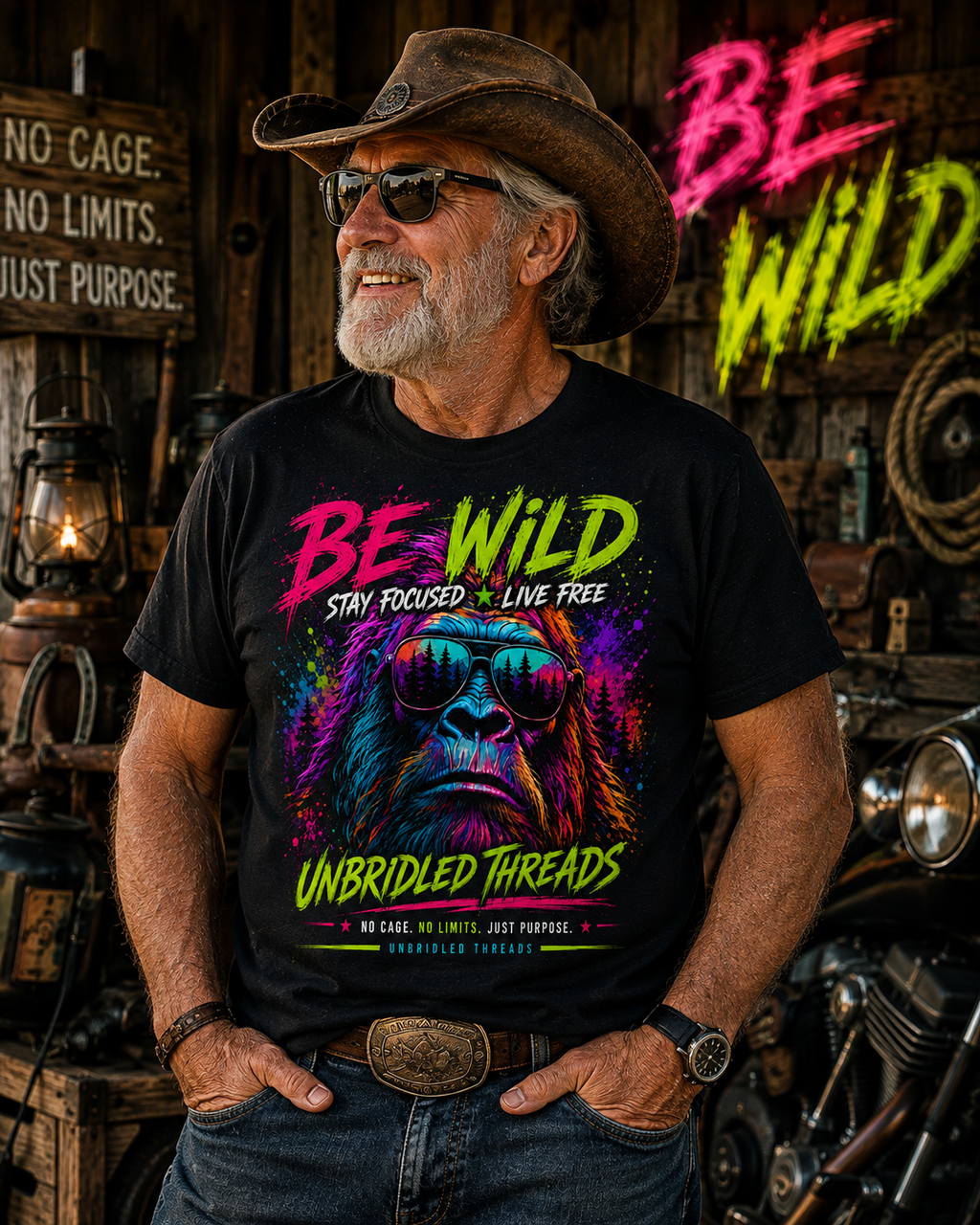 Be Wild — Stay Focused • Live Free Vibrant Color Bigfoot Unbridled Threads T-Shirt