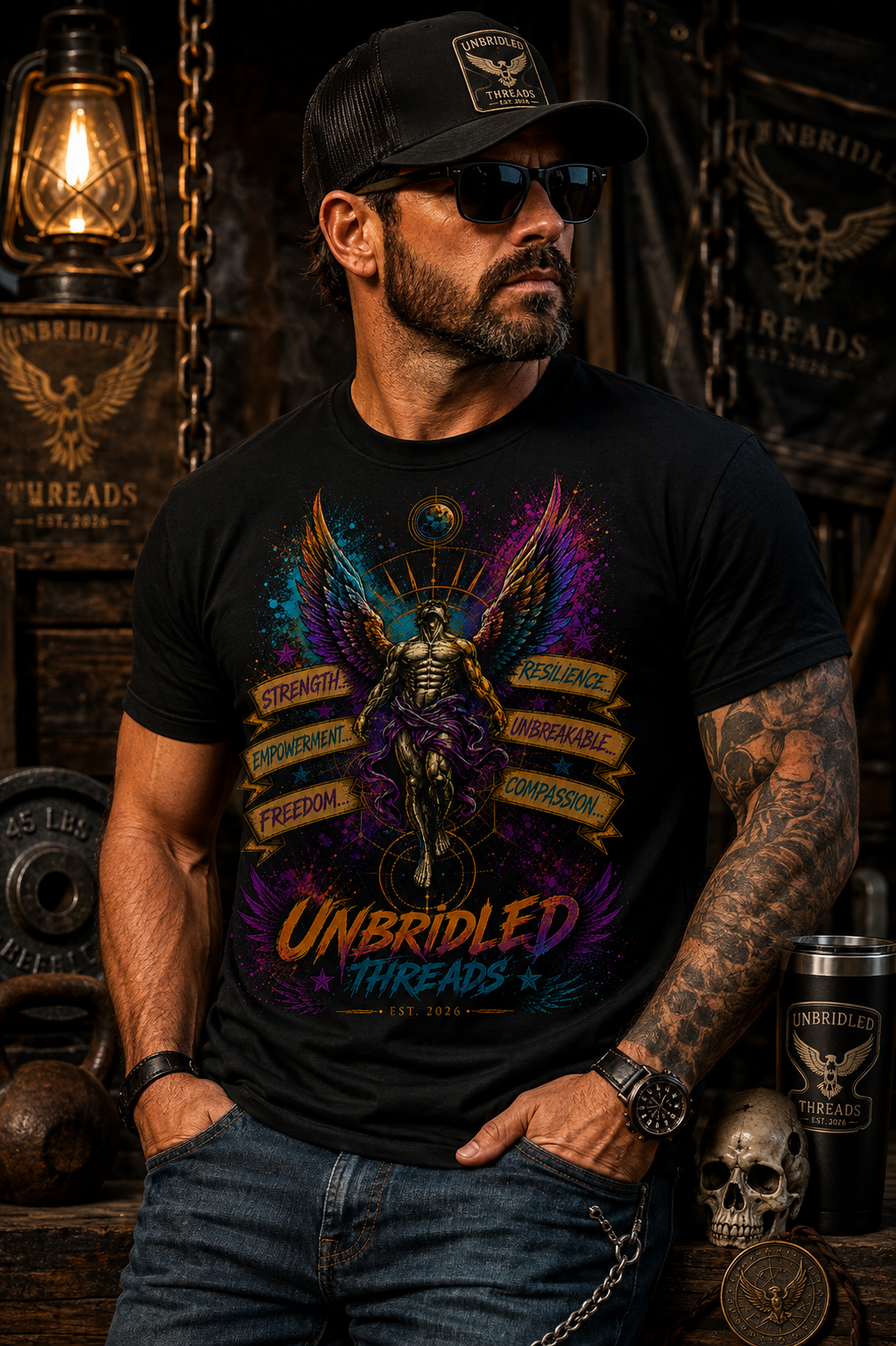 Angel of Resilience Graphic T-Shirt — "Unbridled" Inspirational Winged Armor Tee