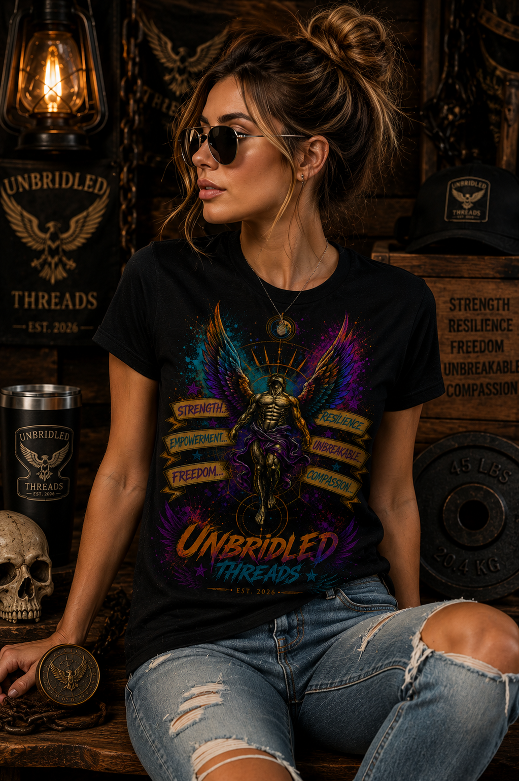 Angel of Resilience Graphic T-Shirt — "Unbridled" Inspirational Winged Armor Tee