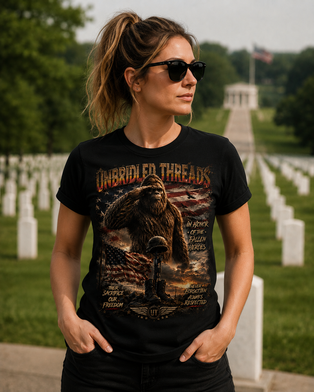 Unbridled Threads Honor Fallen Heros  American Bigfoot Graphic Black T-Shirt