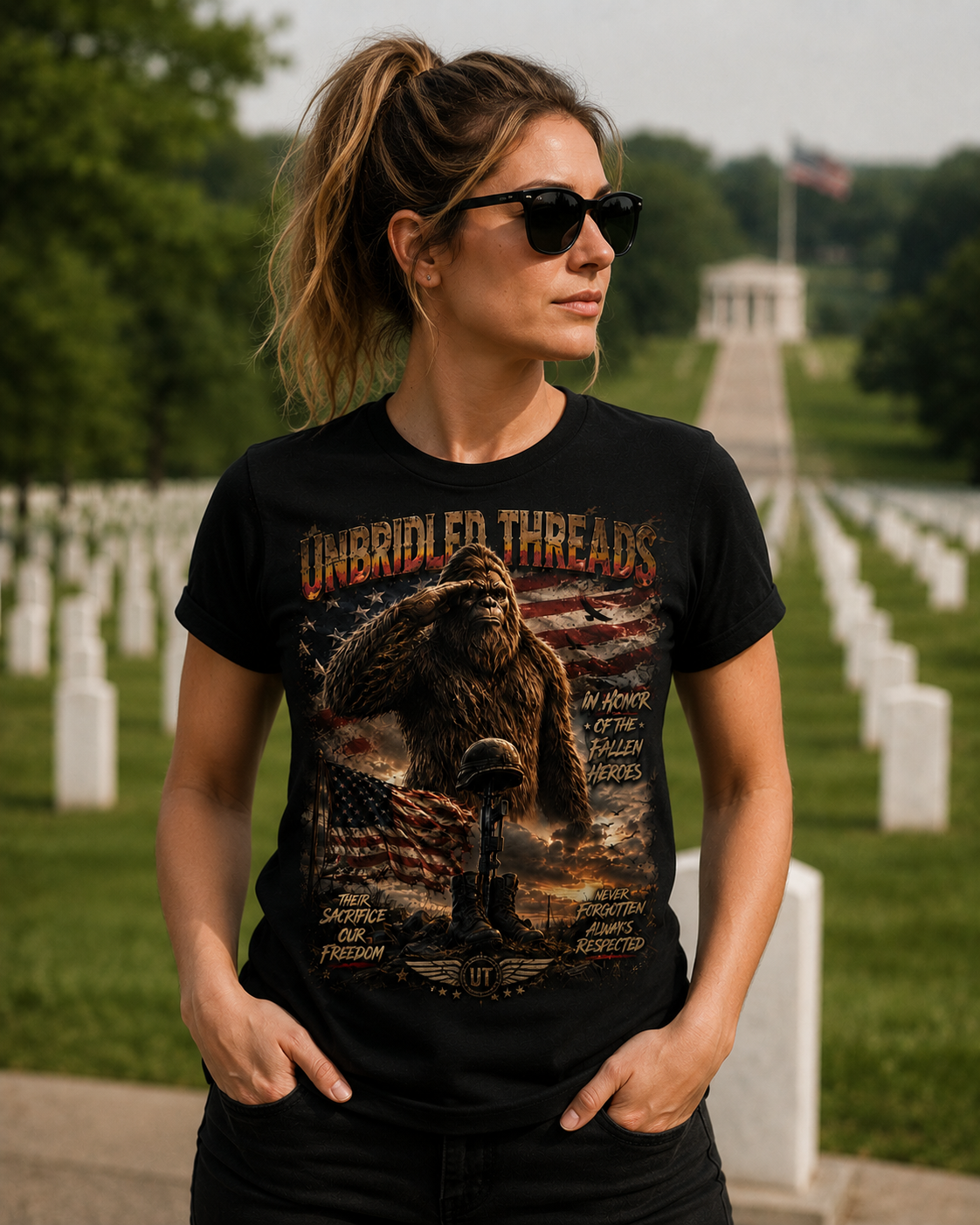 Unbridled Threads Honor Fallen Heros  American Bigfoot Graphic Black T-Shirt
