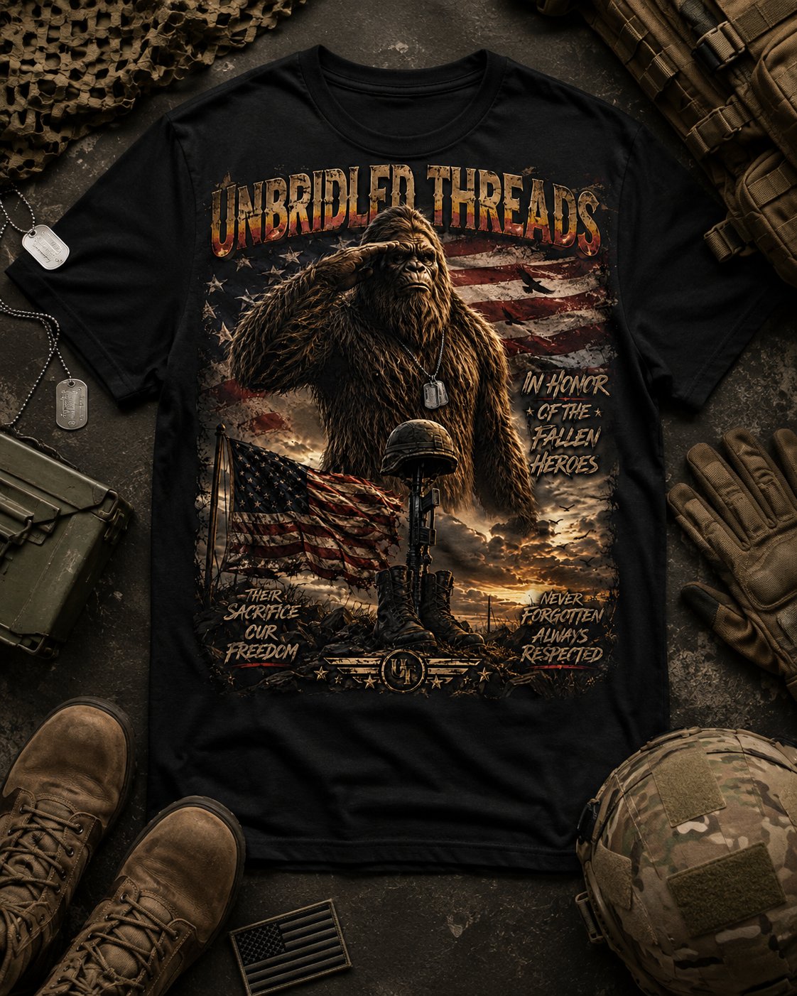 Unbridled Threads Honor Fallen Heros  American Bigfoot Graphic Black T-Shirt
