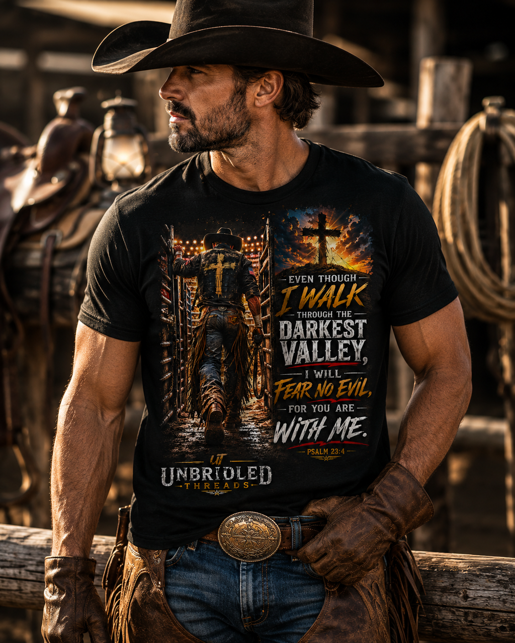 Cowboy Entering Arena — "Even Though I Walk Through the Darkest Valley"  Unbridled Threads Faith Graphic Tee