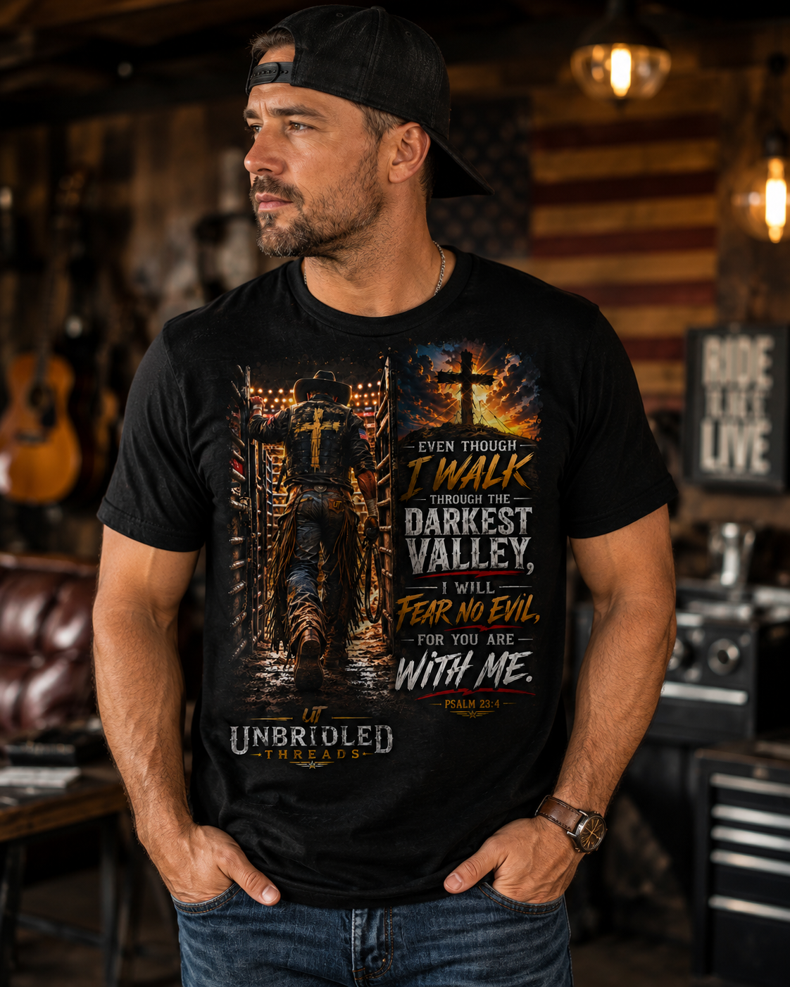 Cowboy Entering Arena — "Even Though I Walk Through the Darkest Valley"  Unbridled Threads Faith Graphic Tee
