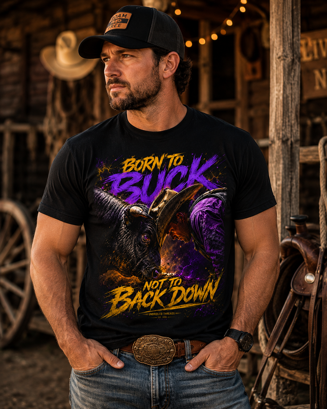 Born to Buck Black T-Shirt Graphic  — Bull Riding Rodeo Tee ("Born to Buck, Not to Back Down")