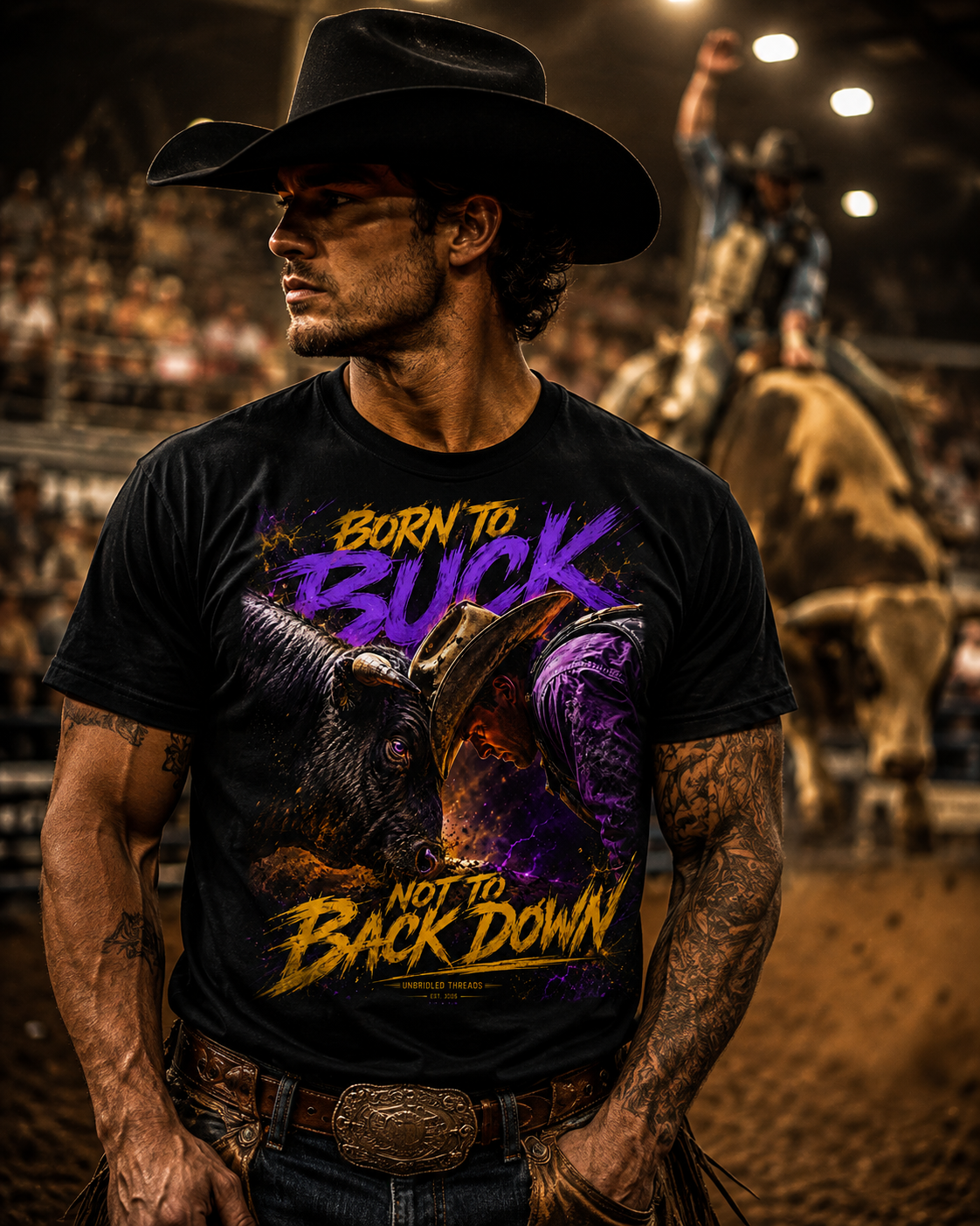 Born to Buck Black T-Shirt Graphic  — Bull Riding Rodeo Tee ("Born to Buck, Not to Back Down")