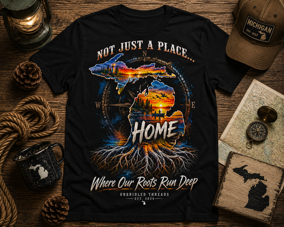 Michigan Sunset Landscape black Graphic T-Shirt — "Not Just a Place... Home" Unbridled Threads