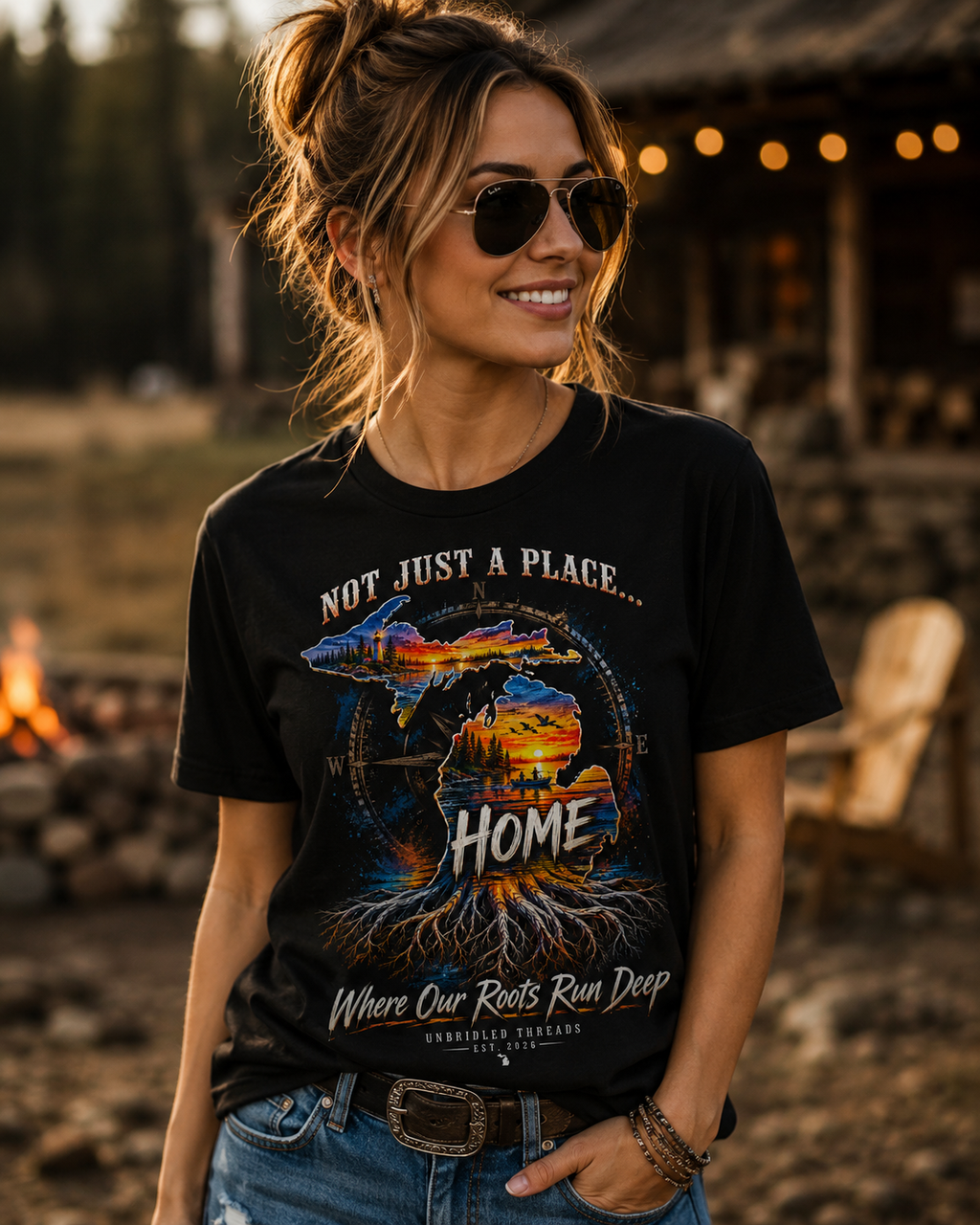 Michigan Sunset Landscape black Graphic T-Shirt — "Not Just a Place... Home" Unbridled Threads