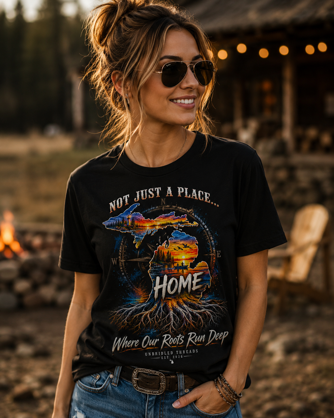 Michigan Sunset Landscape black Graphic T-Shirt — "Not Just a Place... Home" Unbridled Threads