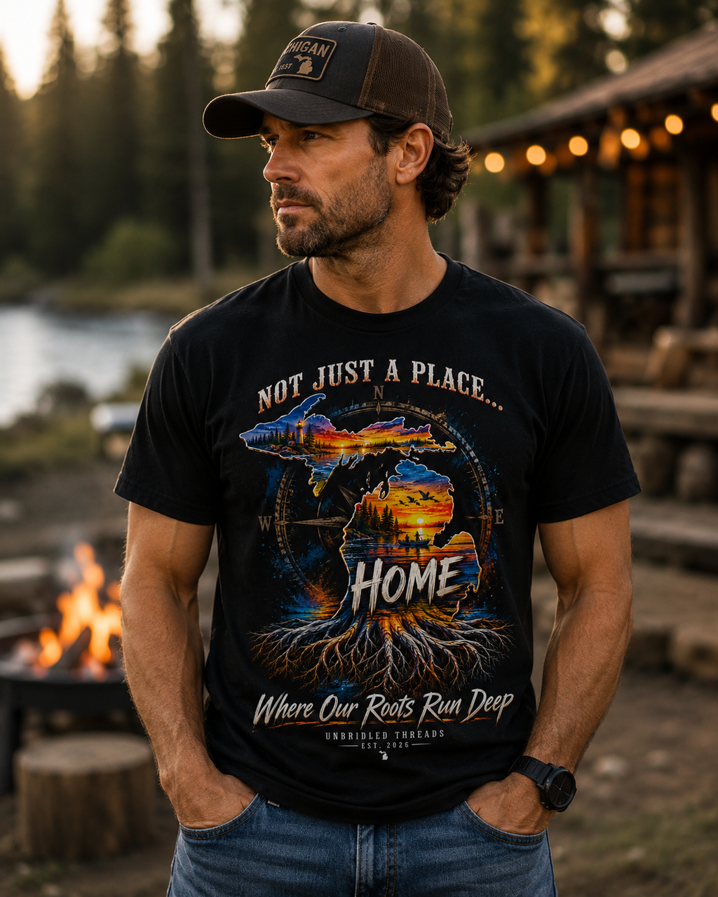 Michigan Sunset Landscape black Graphic T-Shirt — "Not Just a Place... Home" Unbridled Threads