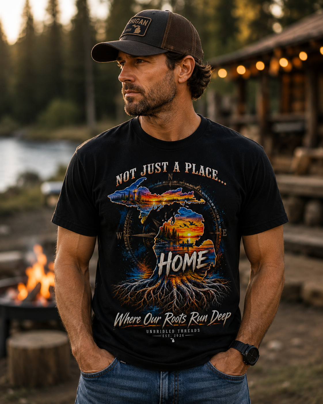 Michigan Sunset Landscape black Graphic T-Shirt — "Not Just a Place... Home" Unbridled Threads