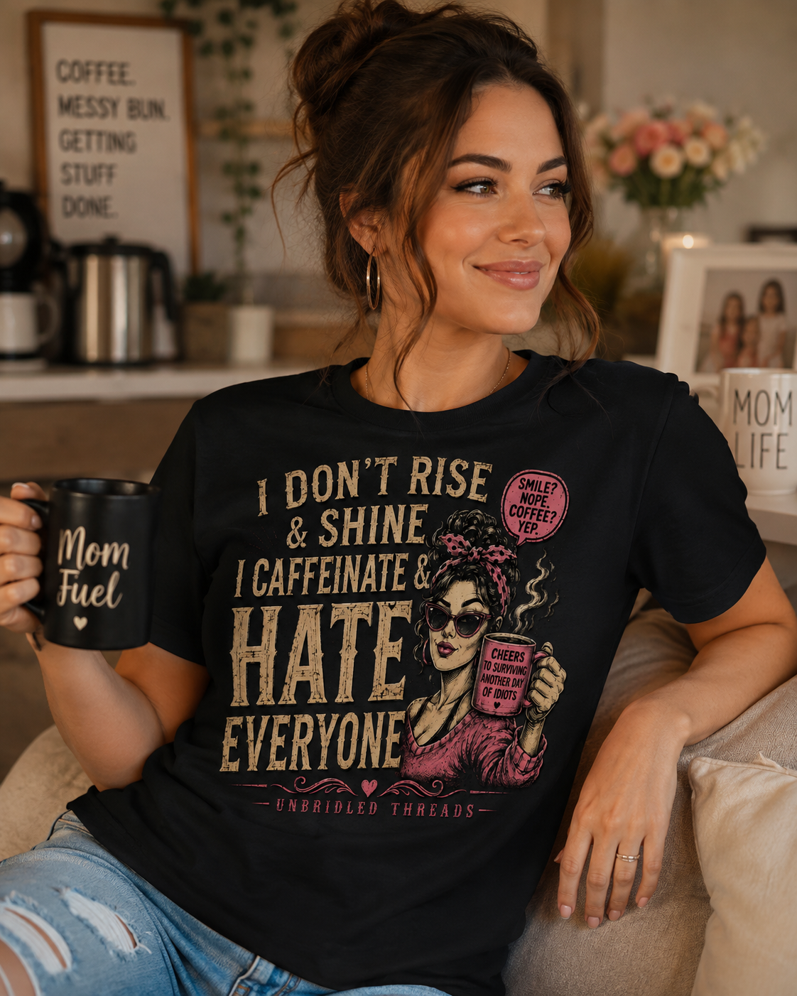 Funny Coffee T-Shirt  "I Don't Rise & Shine, I Caffeinate & Hate Everyone"  Graphic Black Tee