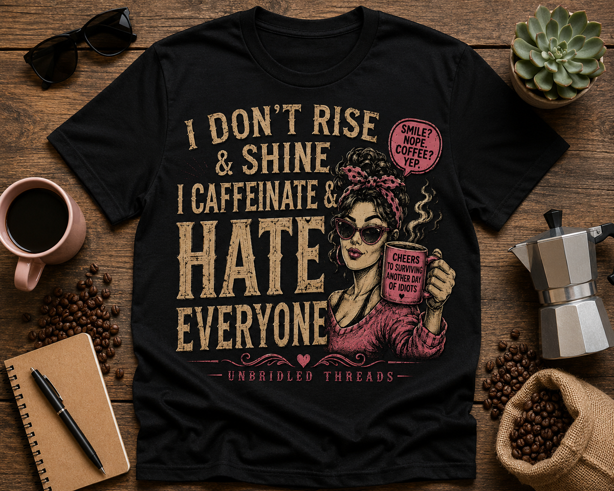 Funny Coffee T-Shirt  "I Don't Rise & Shine, I Caffeinate & Hate Everyone"  Graphic Black Tee