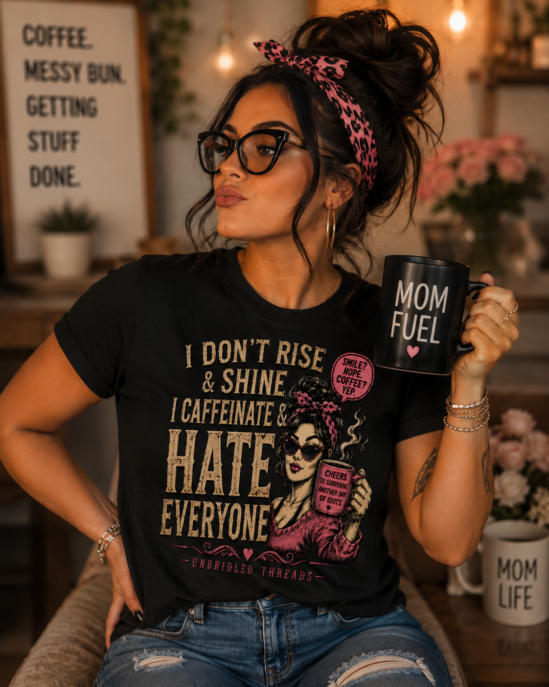 Funny Coffee T-Shirt  "I Don't Rise & Shine, I Caffeinate & Hate Everyone"  Graphic Black Tee