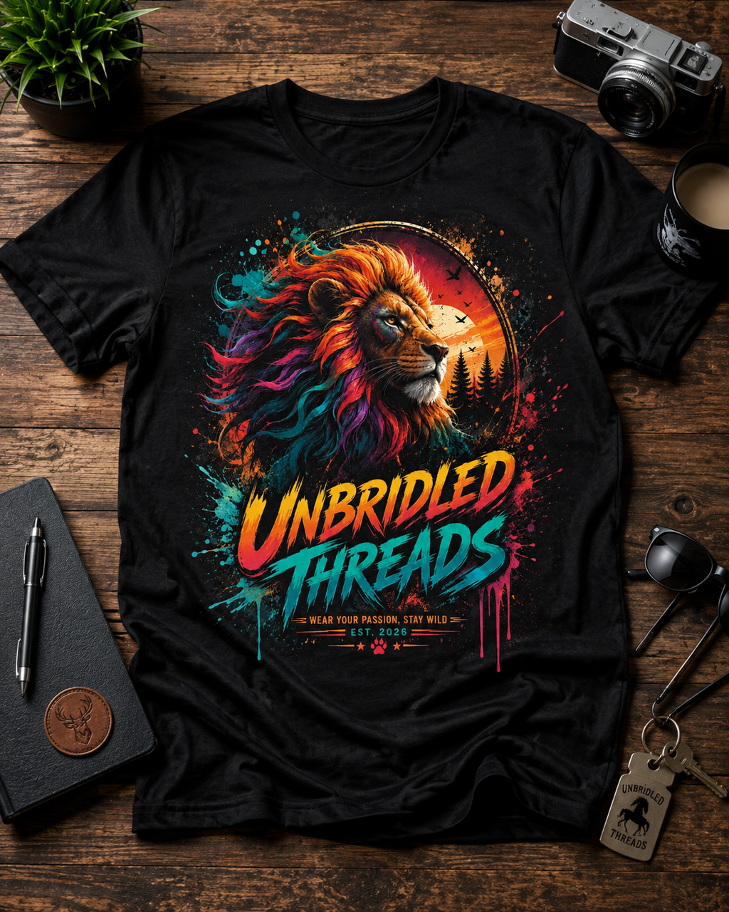 Lion Sunset Vibrant Rainbow Mane "Unbridled Threads" Graphic Tee